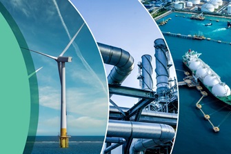 immagine di una pala eolica, di un impianto di gas e di una nave 