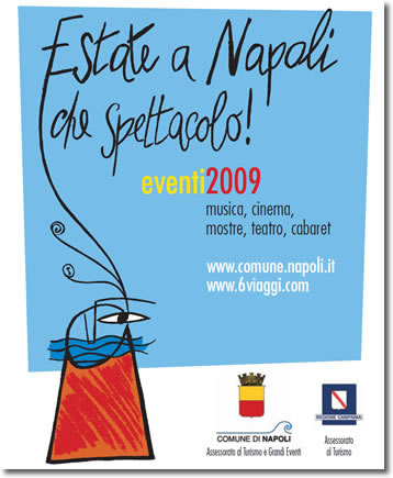 logo estate a napoli 2009. è leggibile il testo estate a napoli che spettacolo, eventi2009, musica, cinema, mostre, teatro, cabaret, www.comune.napoli.it, www.6viaggi.com