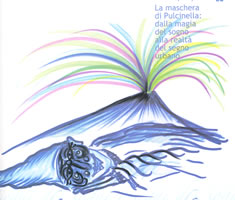 disegno dell'artista lello esposito raffigurante un vulcano dal quale fuoriescono strisce colorate. in primo piano una maschera di pulcinella