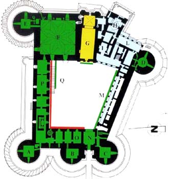 Plan of the castle with letters referring to the different areas