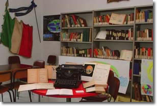 interior of the library. Foreground of an ancient type writer