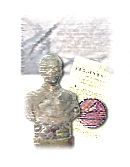 composition with bust of a man, a medal, a document and a plaque