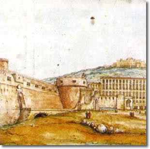 ancient painting representing the castle and in the distance, on a hill a fortress
