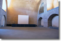 picture of the hall, on the background there is a platform with a cloth screen for showing 