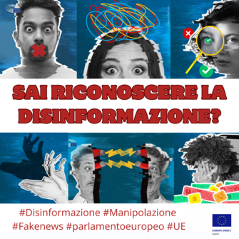 immagine con giovani con espressioni stranite e la scritta Sai riconoscere la disinformazione?
