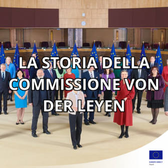 foto di gruppo della von der leyen e dei commissari europei con sopra la scritta "la storia della commissione von der leyen"
