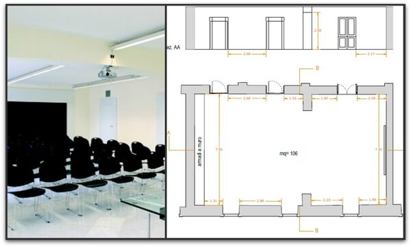 collage foto e planimetria della Sala conferenze III piano