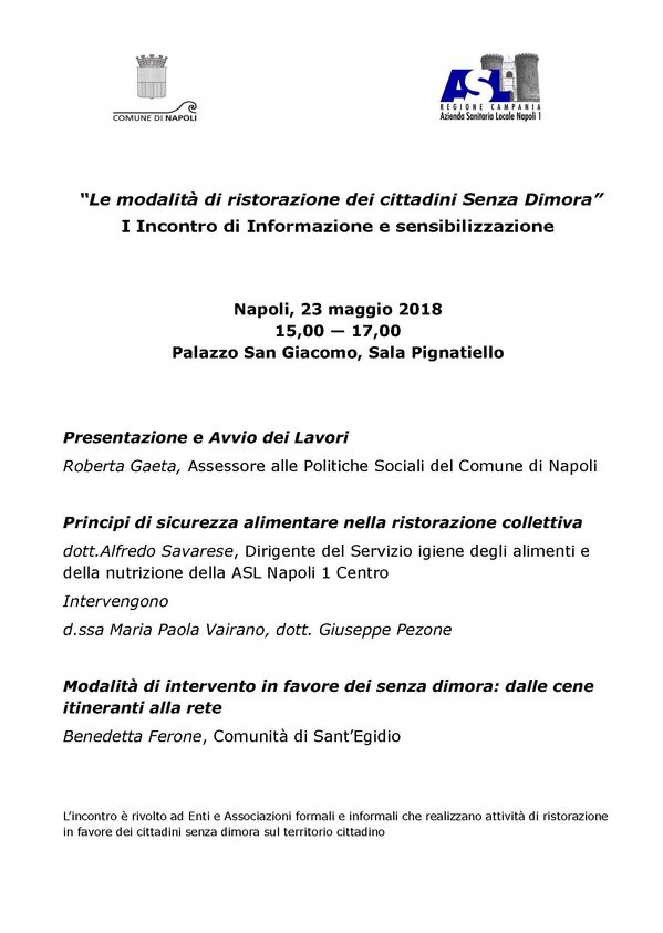 Primo incontro di informazione e sensibilizzazione destinato agli enti che si occupano di persone senza dimora su: "Le modalità di ristorazione dei cittadini Senza Dimora"