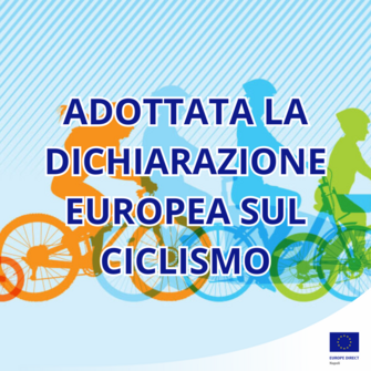 Immagine della copertina della dichiarazione con dei ciclisti stilizzati e la scritta L'UE adotta la Dichiarazione europea sul ciclismo